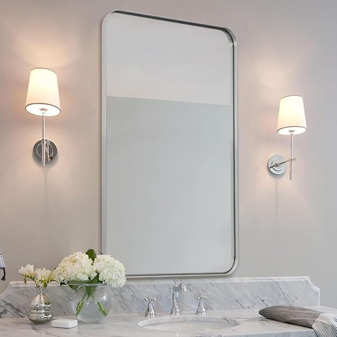 Brushed Nickel Bathroom Mirror, 24”x40” Rounded Corner Rectangle Mirror, Modern Metal Frame Bathroom Vanity Mirror