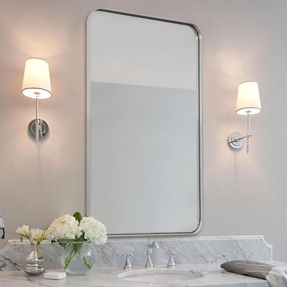Brushed Nickel Bathroom Mirror, 24”x40” Rounded Corner Rectangle Mirror, Modern Metal Frame Bathroom Vanity Mirror