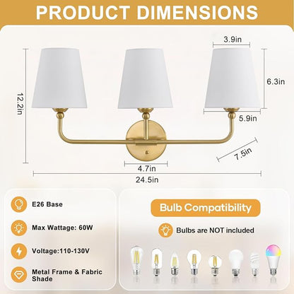 Bathroom Light Fixtures, 3-Light Brushed Gold Vanity Lights, 25" Bathroom Lighting Fixtures Over Mirror with White Flared Fabric Shade, Modern Wall Sconces for Bathroom Bedroom Living Room Hallway