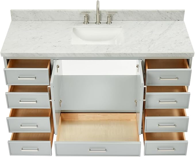 Langford 60-inch Grey Bathroom Vanity with Center Rectangle Single Sink, Italian Carrara Marble Countertop & Backsplash, Solid Wood Frame, Soft-Closing & Dovetail Drawers