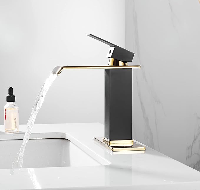 Black Gold Bathroom Faucets Waterfall Spout Basin Sink Faucet with Overflow Drain Assembly Single Handle Bathroom Vanity Sink Faucet with Deck Plate 1-3 Holes Vanity Lavatory Deck Mounted Farmhouse