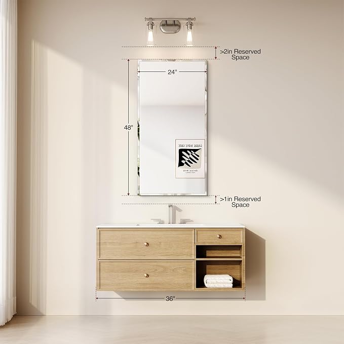 Frameless Bathroom Mirror 24"x48", Beveled Bathroom Mirror | 4mm Tempered Glass Shatterproof Wall Mount Mirrors for Entryway Vanity Bathroom Bedroom, Hangs Horizontally or Vertically
