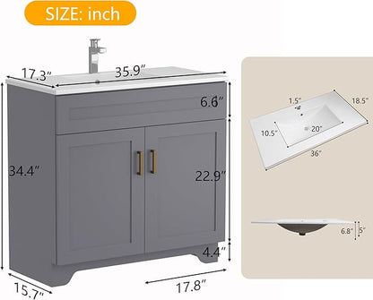 Bathroom 36" Vanity with Ceramic Sink, Wooden Double Door Bathroom Storage Cabinet, Freestanding Cabinet Vanity with Sink (Paint, Grey,36")