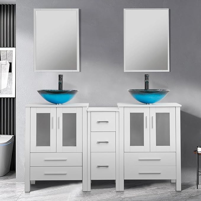 UEV 60" Double Sink Bathroom Vanity, White Vanity with Double Side Cabinets & Removable 3 Drawer Storage, Tempered Vessel Sink (A10)