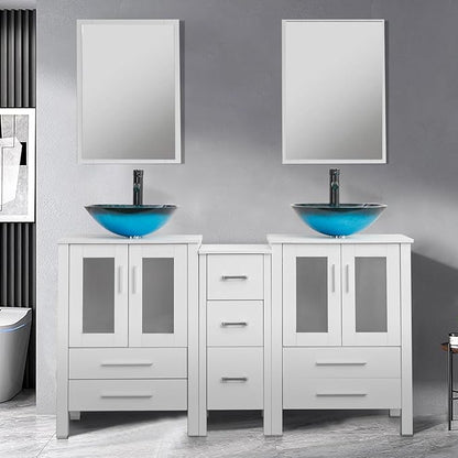 UEV 60" Double Sink Bathroom Vanity, White Vanity with Double Side Cabinets & Removable 3 Drawer Storage, Tempered Vessel Sink (A10)