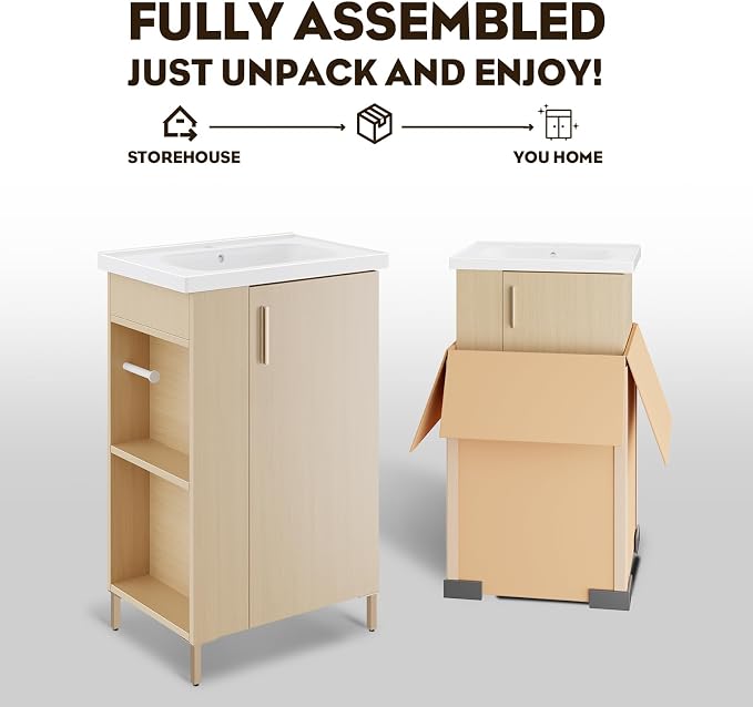 20 Inch Oak Pre-Assembled Freestanding Small Bathroom Vanity with Sink, Soft-Close Door, Left Side Storage, Space-Saving Design, No Faucet, BV05-20-oak-plus