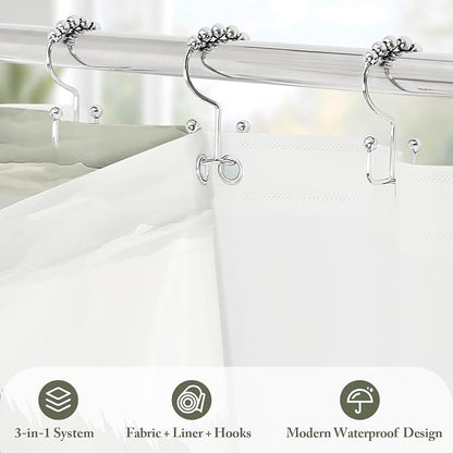 3 in 1 Dark Green Forest Shower Curtain Set, Modern Spring Shower Curtain and PEVA Liner Set with 12 Stainless Steel Shower Curtain Hooks, Waterproof Fabric Shower Curtains for Bathroom, 72 W x 72 H
