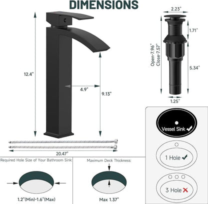 Matte Black Vessel Sink Faucet, Waterfall Bathroom Faucets | Brass, Tall Spout, Single Handle 1 Hole Bathroom Faucet, Modern Basin Taps with Supply Line, Pop Up Drain, Without Overflow
