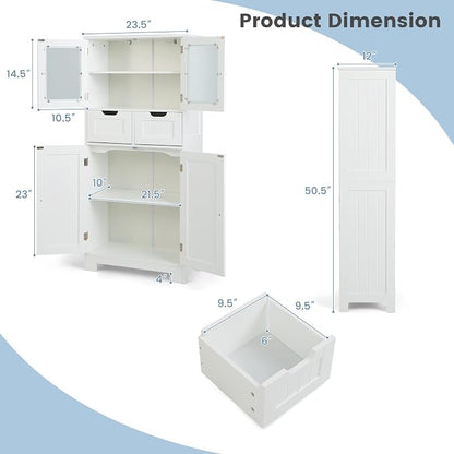GIANTEX Floor Storage Cabinet, Freestanding Bathroom Cabinet with 2 Glass Doors, 2 Drawers & Adjustable Shelves, Multifunctional 50.5” Tall Storage Organizer Cupboard for Kitchen Living Room, White