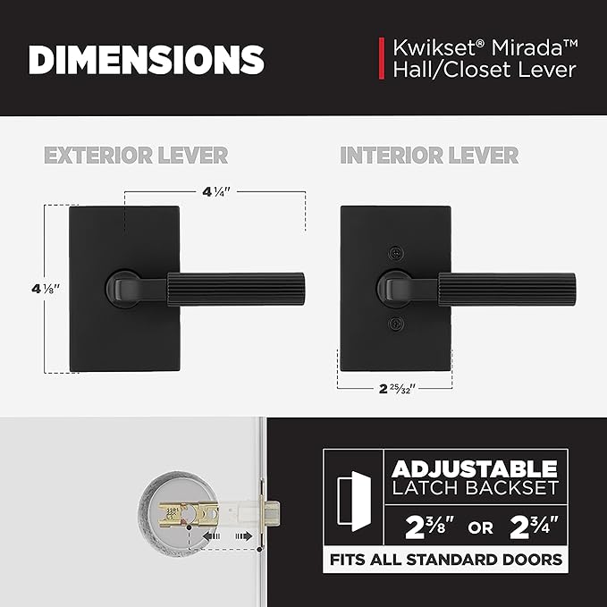 Kwikset Mirada Reeded Interior Passage Door Handle, Lever for Closet and Hallway Doors, Reversible Non-Locking Handle Lever, Matte Black, with Microban Protection