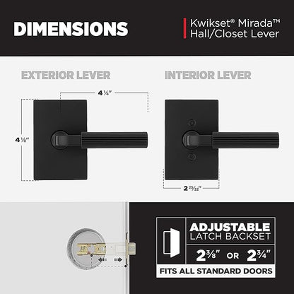 Kwikset Mirada Reeded Interior Passage Door Handle, Lever for Closet and Hallway Doors, Reversible Non-Locking Handle Lever, Matte Black, with Microban Protection