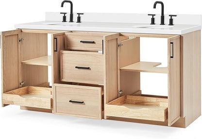 ARIEL Kelly 72-inch Bathroom Vanity with Sink,Solid Wood, 1.5-inch Pure White Quartz Countertop & Backsplash, Double Oval Porcelain Sink, 4 Soft Closing Doors, 5 Dovetail Drawers, White Oak