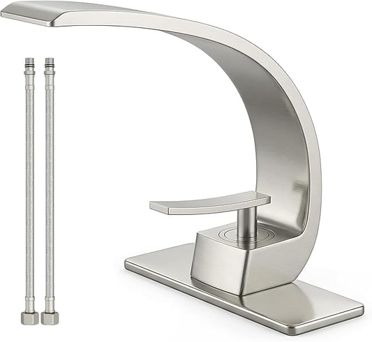 Bathroom Sink Faucet Modern Single Hole 1-Handle Faucet, Brushed Nickel Solid Brass Faucets, Mount Curved Lavatory Faucets Mixer Tap