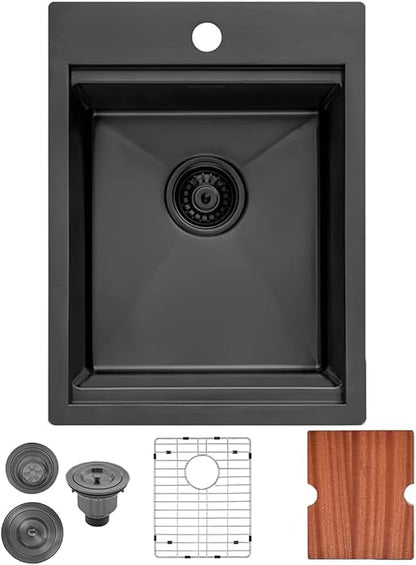 KINGO HOME Drop in Black Bar Sink, 15 x 20 Inch Single Bowl Small Kitchen Sink,304 Stainless Steel Topmount Wet Bar Sink Prep Sink With Grid&Drainer&Cutting Board