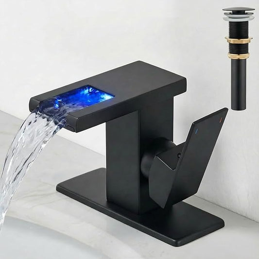 LED Bathroom Sink Faucet, Matte Black Waterfall Single Hole Handle Vanity Faucets for Sinks 1 Hole with Metal Pop Up Drain and 2 Water Supply Lines, Side Handle