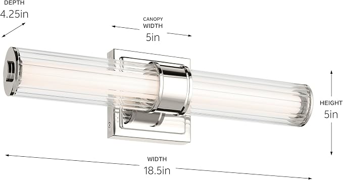 Kichler Laurene LED Bath Bar Light, Polished Nickel | Linear vanity light with clear fluted glass for bathroom mirrors (18.5" x 5" x 4.25"), 55195PNLED