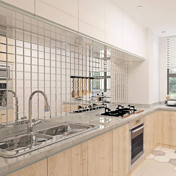80 Pcs Beveled Mirror Tiles, 3 Inch Silver Square Mirror Glass Tiles for Kitchen Backsplash Bathroom Shower Wall, 5 SQ.FT