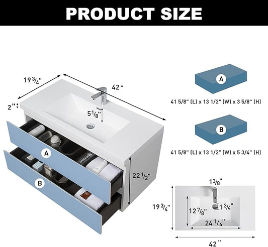 Wall Mounted 42 Inch Bathroom Vanity with Sink, Floating Vanity Bathroom, Single Sink Bathroom Vanity, 2 Drawers, Resin Integrated Sink (Glossy White)