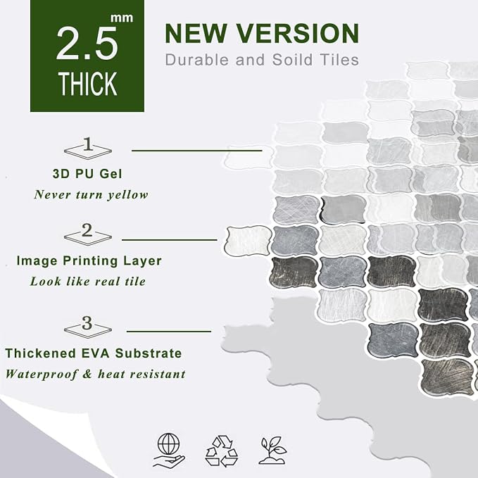 STICKGOO 10-Sheet Arabesque Tile Peel & Stick Backsplash, 12”X12” Gray Self-Adhesive Kitchen Backsplash Tiles (Thicker Design)