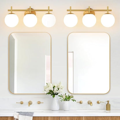 3-Light Bathroom Light Fixtures, Brushed Gold Vanity Lights for Bathroom with Milky White Glass Ball Shade, 18.9 inch Bathroom Lighting Fixtures Over Mirror, Wall Sconce for Bedroom(Bulb Not Included)