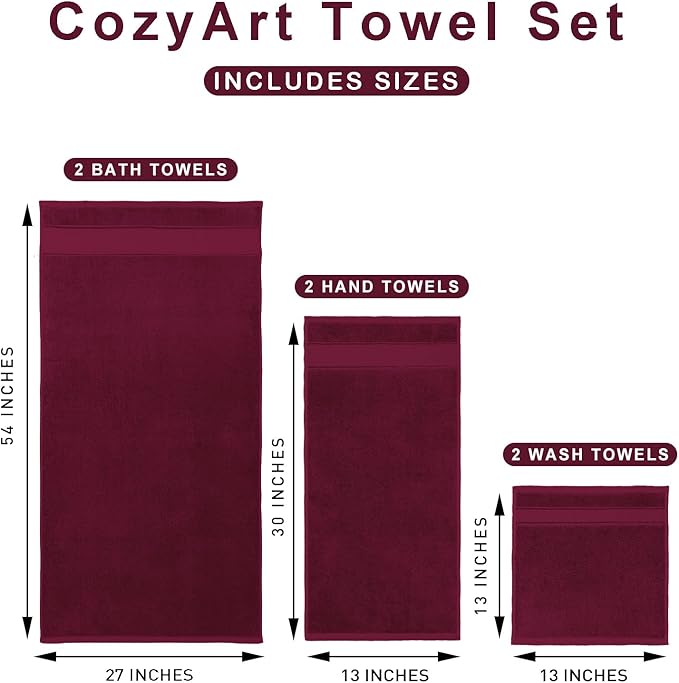 COZYART Bath Towel Set 6 PCS, Burgundy Luxury 100% Turkish Cotton 650GSM | Soft Absorbent Quick Dry, OEKO‑Tex 100 Cert. Zero Twist Ring Spun Cotton, Plush Fluffy, Breathable Hotel Quality Towels Set