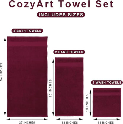 COZYART Bath Towel Set 6 PCS, Burgundy Luxury 100% Turkish Cotton 650GSM | Soft Absorbent Quick Dry, OEKO‑Tex 100 Cert. Zero Twist Ring Spun Cotton, Plush Fluffy, Breathable Hotel Quality Towels Set