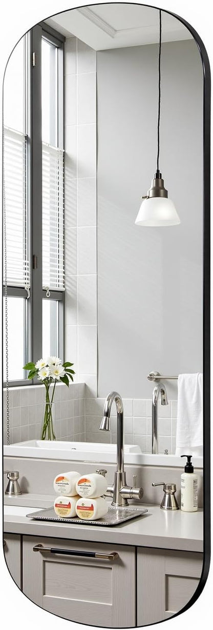 Oval Full Length Mirror 18"x47" Long Black Pill Shaped Floor Mirror | Black Oblone Mirror Metal Frame Wall Mirror Decorative Rustic Full Body Mirror Hanging for Bathroom Bedroom Entryway