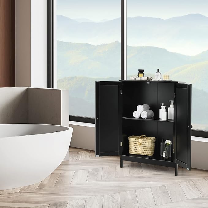 GIANTEX Storage Cabinet with Doors and Shelves - Freestanding Storage Organizer with Anti-Tipping Device, Entryway Storage Unit for Living Room, Bedroom, Home Decor, Bathroom Floor Cabinet (Black)