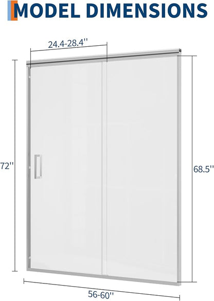 Shower Door 56-60" W x 72" H, Sliding Glass, Shower Door with 1/4'' (6mm) Clear Tempered Glass for Bathroom