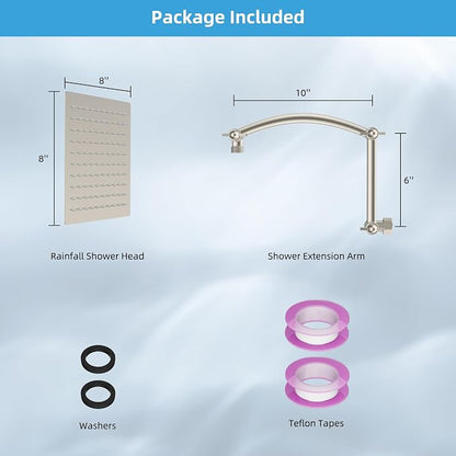 Hibbent All Metal 8'' Rain Shower Head, 16'' Extension Arm, Brushed Nickel | cUPC Certified High Pressure Rainfall Showerhead with Solid Brass Adjustable Shower Head Extension Arm, Fixed Showerheads