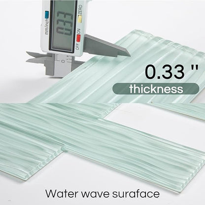 Light Green Water Wave Glass Subway Tile, 3 x 12 Inch, 4 Sq Ft, Backsplash for Bathroom Kitchen Wall, 16-Pack