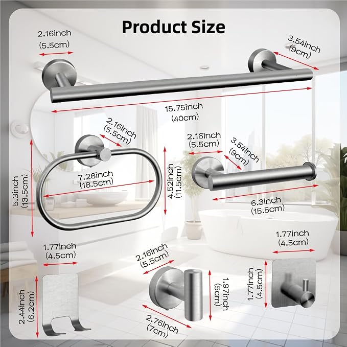 7-Piece Bathroom Accessory Set self-Adhesive Brushed Black Bathroom Hardware, Bath Towel Bar Set, Towel Racks for Bathroom, Wall Mounted Silver