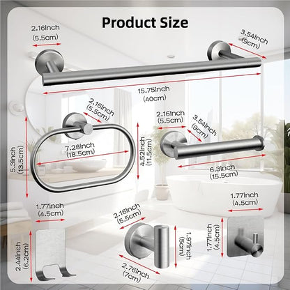 7-Piece Bathroom Accessory Set self-Adhesive Brushed Black Bathroom Hardware, Bath Towel Bar Set, Towel Racks for Bathroom, Wall Mounted Silver