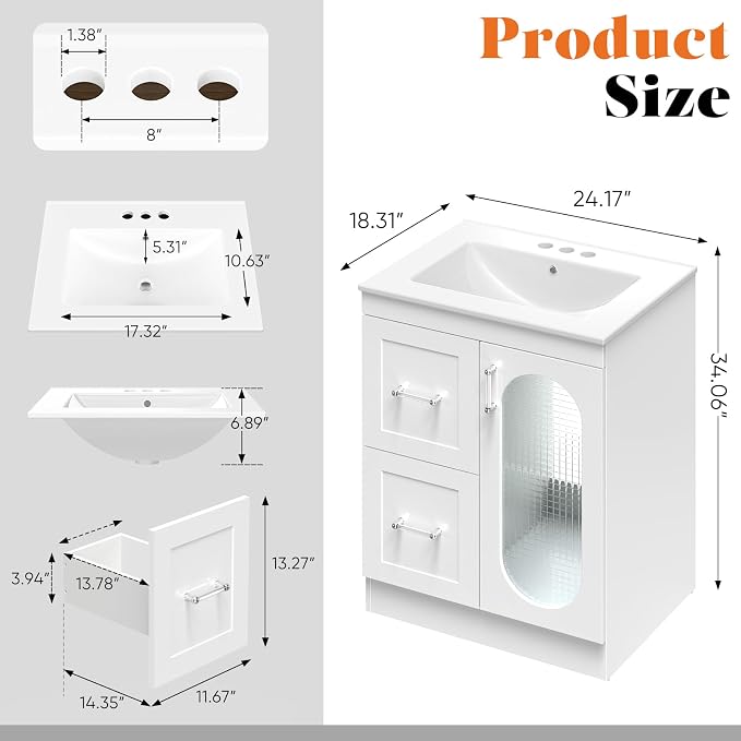 Sweetcrispy 24 Inch Bathroom Vanity with Sink, Bathroom Storage Cabinet | Modern Ceramic Basin Undermount 1-Door 2-Drawer Freestanding Combo Set, Ivory