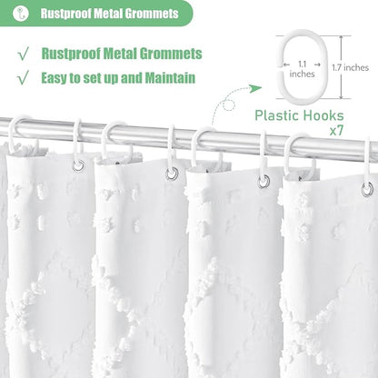 Stall Boho Farmhouse Shower Curtain Tufted Geometric 42"x72" White | 42 Inch Wide, Elegant Tassel, Lightweight Textured Fabric, Water Repellent, Washable, for Narrow Bathroom/Dorm 7 Hooks