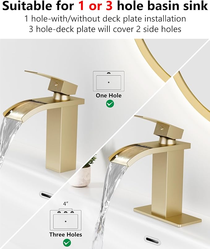 Waterfall Bathroom Faucet 1 Hole, Single Hole Bathroom Faucet, Single Handle Vanity Sink Faucet with Deck Plate, Pop-up Drain & Supply Lines, Brushed Gold