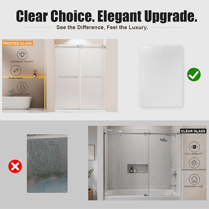 Frosted Sliding Shower Door, 56-60" W x 72" H-1/4” (6mm), Frosted Glass Shower Door with 4" Left Adjustable Width, 304 Stainless Steel Hardware, Quiet Rollers, Bottom Water Seal, Brushed Nickel