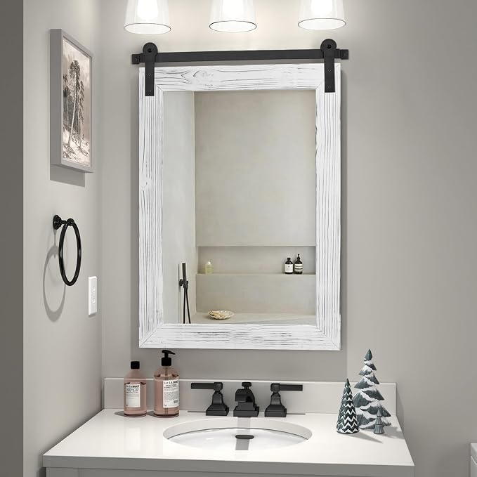 COGOOD Farmhouse Bathroom Mirrors for Over Sink - 30 x 22 White | Rustic Barn Door Wood Framed Vanity Mirror for Entryway, Living Room, Bedroom, Dresser Wall Decor