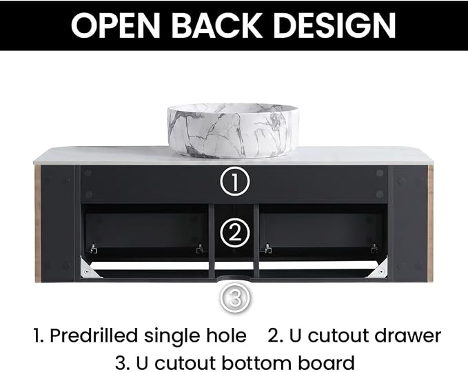 48" Preassembled Floating Bathroom Vanity with Carrara Finish Sink, Oak | Mid-Century Modern Style, Fluted & Soft-Close Drawer with U-shaped Wall, Sinterted Stone Countertop, Towel Rack Included