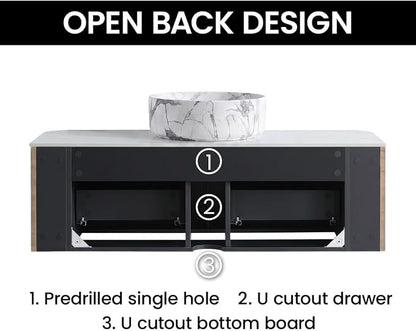 48" Preassembled Floating Bathroom Vanity with Carrara Finish Sink, Oak | Mid-Century Modern Style, Fluted & Soft-Close Drawer with U-shaped Wall, Sinterted Stone Countertop, Towel Rack Included