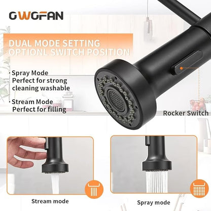 OWOFAN Kitchen Sink Faucet with Soap Dispenser Kitchen Faucet with Pull Down Sprayer Stainless Steel Single Handle High Arc Pull Out Black Faucet for Bar Laundry RV Utility Sink