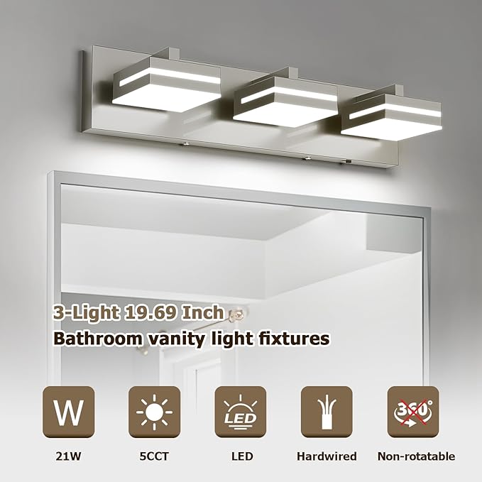 Joossnwell Brushed Nickel Vanity Lights for Bathroom Light Fixtures (3-Light, 19.69-Inch) Dimmable 5CCT Modern Bath Lighing Fixture Over Mirror LED Vanity Lighting