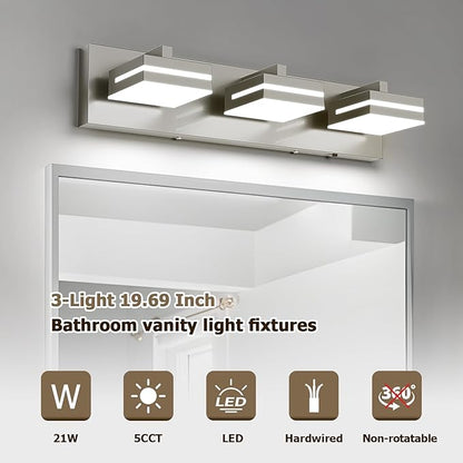 Joossnwell Brushed Nickel Vanity Lights for Bathroom Light Fixtures (3-Light, 19.69-Inch) Dimmable 5CCT Modern Bath Lighing Fixture Over Mirror LED Vanity Lighting