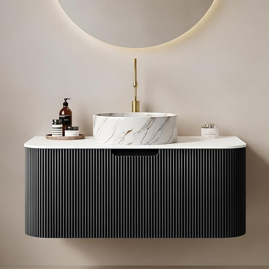 Yayzy 36" Floating Bathroom Vanity with Sink, Solid Wood Fluted Cabinet, White Marble-Patterned Ceramic Basin & Faux Marble Top, Soft-Close Drawer, Pre-Assembled, Gloss Black