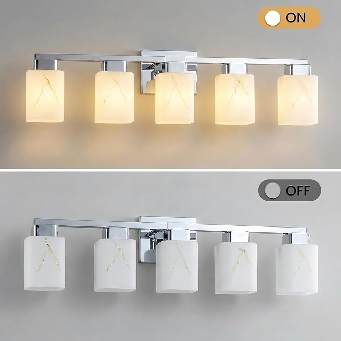 5-Light Square Bathroom Light Fixture, Chrome Modern Vanity Light with White Marble Glass Shade, for Bathroom Mirror, Living Room, Bedroom, Hallway, E26 Base