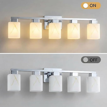 5-Light Square Bathroom Light Fixture, Chrome Modern Vanity Light with White Marble Glass Shade, for Bathroom Mirror, Living Room, Bedroom, Hallway, E26 Base