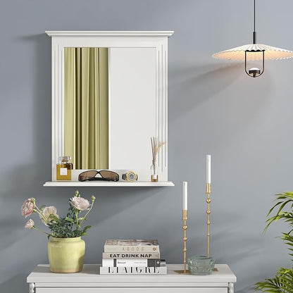 Tangkula Bathroom Mirror with Shelf, Rectangle Over Sink Wall Mirror, Hanging Vanity Mirror for Dressing Room Washroom Bedroom, Modern Concise Mirror (White)