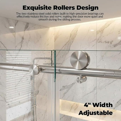 Bathtub Shower Door, 59" Wide x 60" High Sliding Door with 8mm Tempered Glass & Easy-Clean Coating, Brushed Stainless Steel Top Rail, One Fixed One Sliding Panel