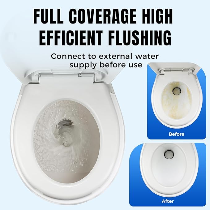 Efficient Gravity-Flush RV Toilet with Quiet-Close, Triple-Jet Flush with Adjustable Water Level, Standard Height and Foot Pedal for RVs, Trailers, and Campers
