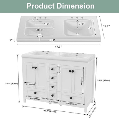 48 Inch Bathroom Vanity with Sink, Bathroom Vanity Cabinet with Doulble Sink, White Bath Vanities with 4 Doors and 6 Drawers (20" D x 48" W x 36" H)